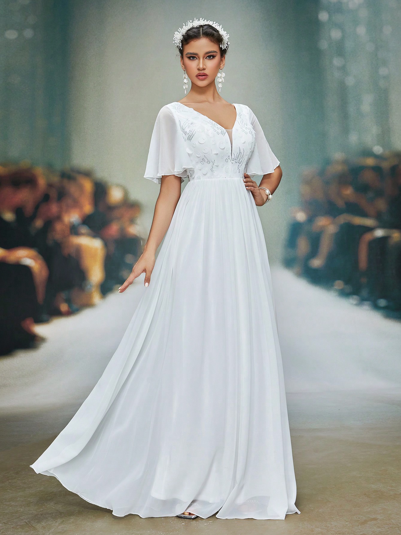 Leely Women's Elegant V Neck Flounce Sleeve Prom Dress