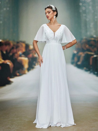 Leely Women's Elegant V Neck Flounce Sleeve Prom Dress