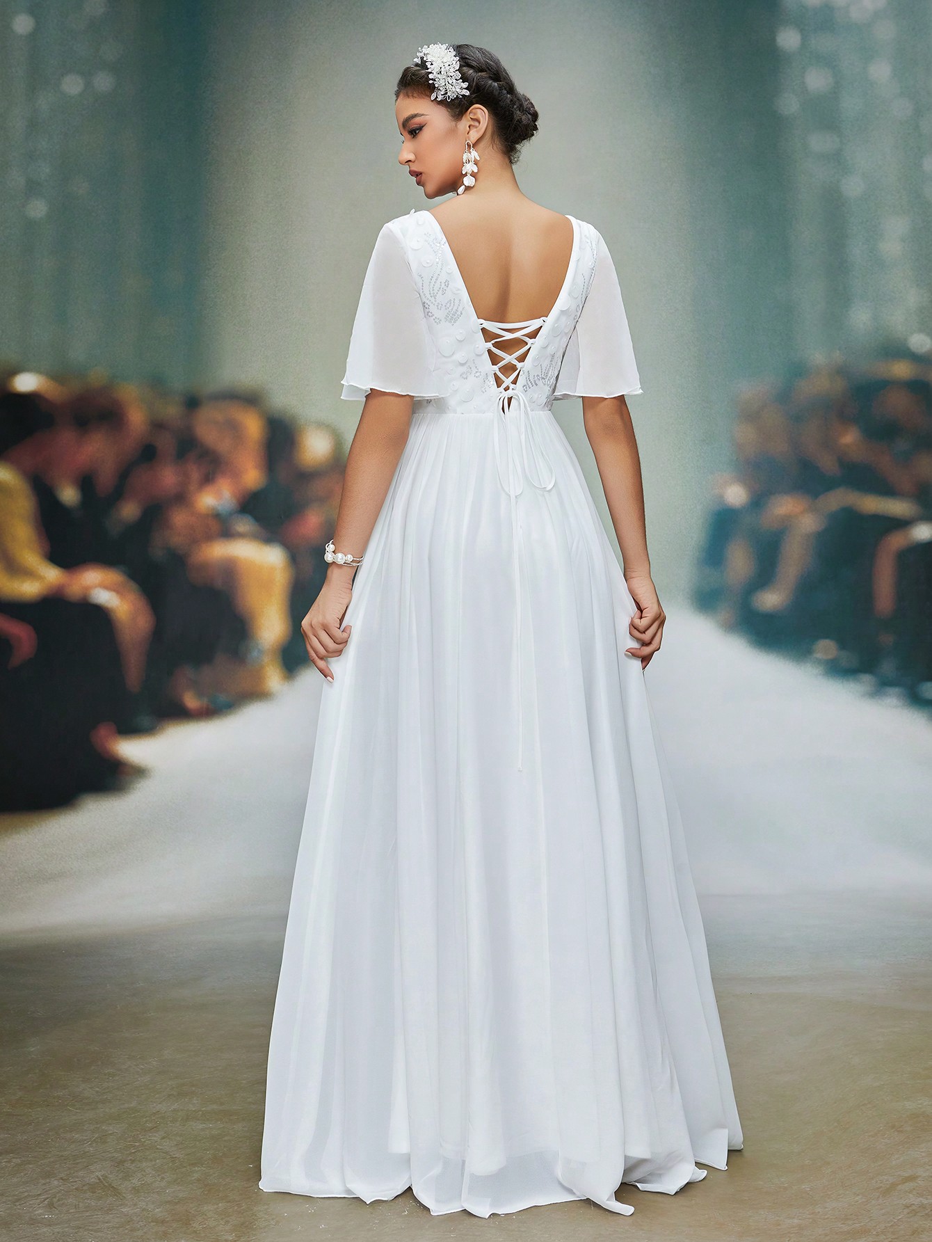 Leely Women's Elegant V Neck Flounce Sleeve Prom Dress