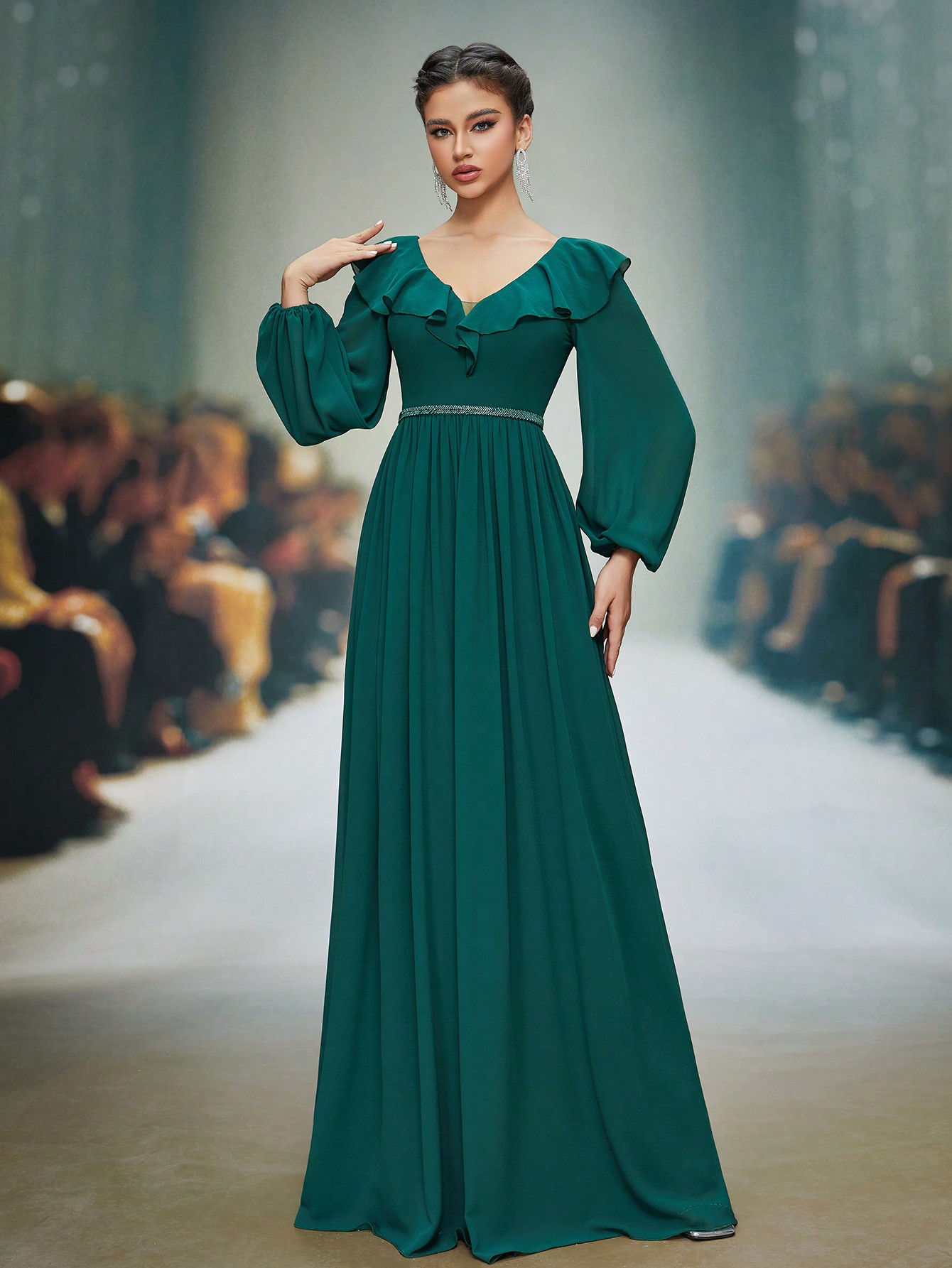 Leely Elegant Peter Pan Collar Bishop Sleeve Evening Gown