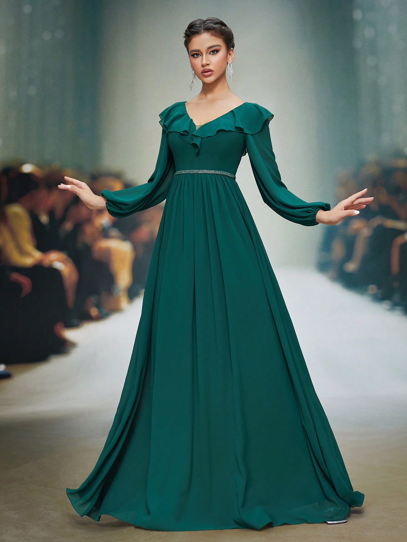 Leely Elegant Peter Pan Collar Bishop Sleeve Evening Gown