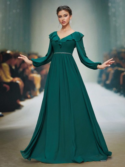 Leely Elegant Peter Pan Collar Bishop Sleeve Evening Gown