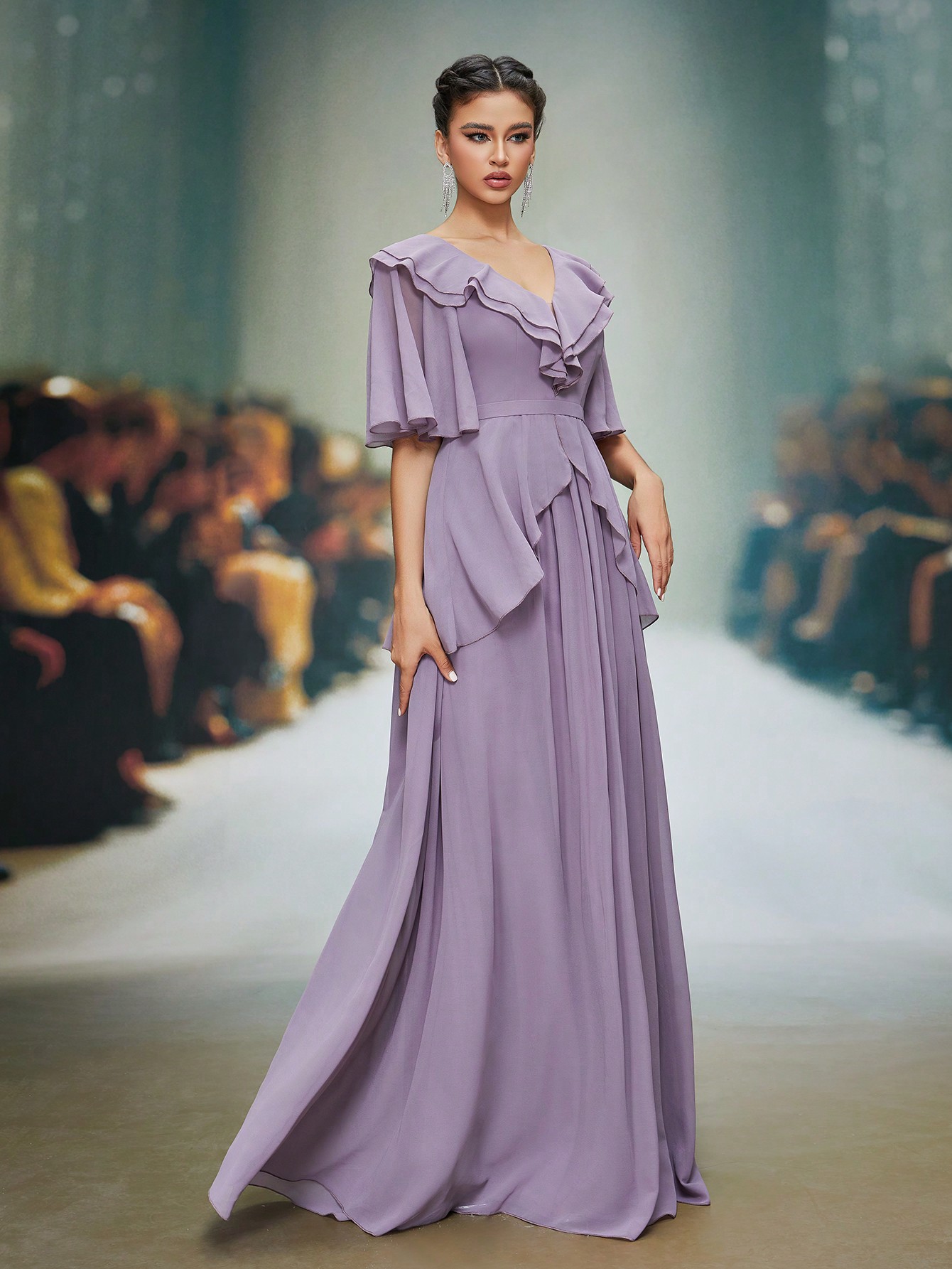 Leely Elegant Collar Flounce Sleeve Party Dress