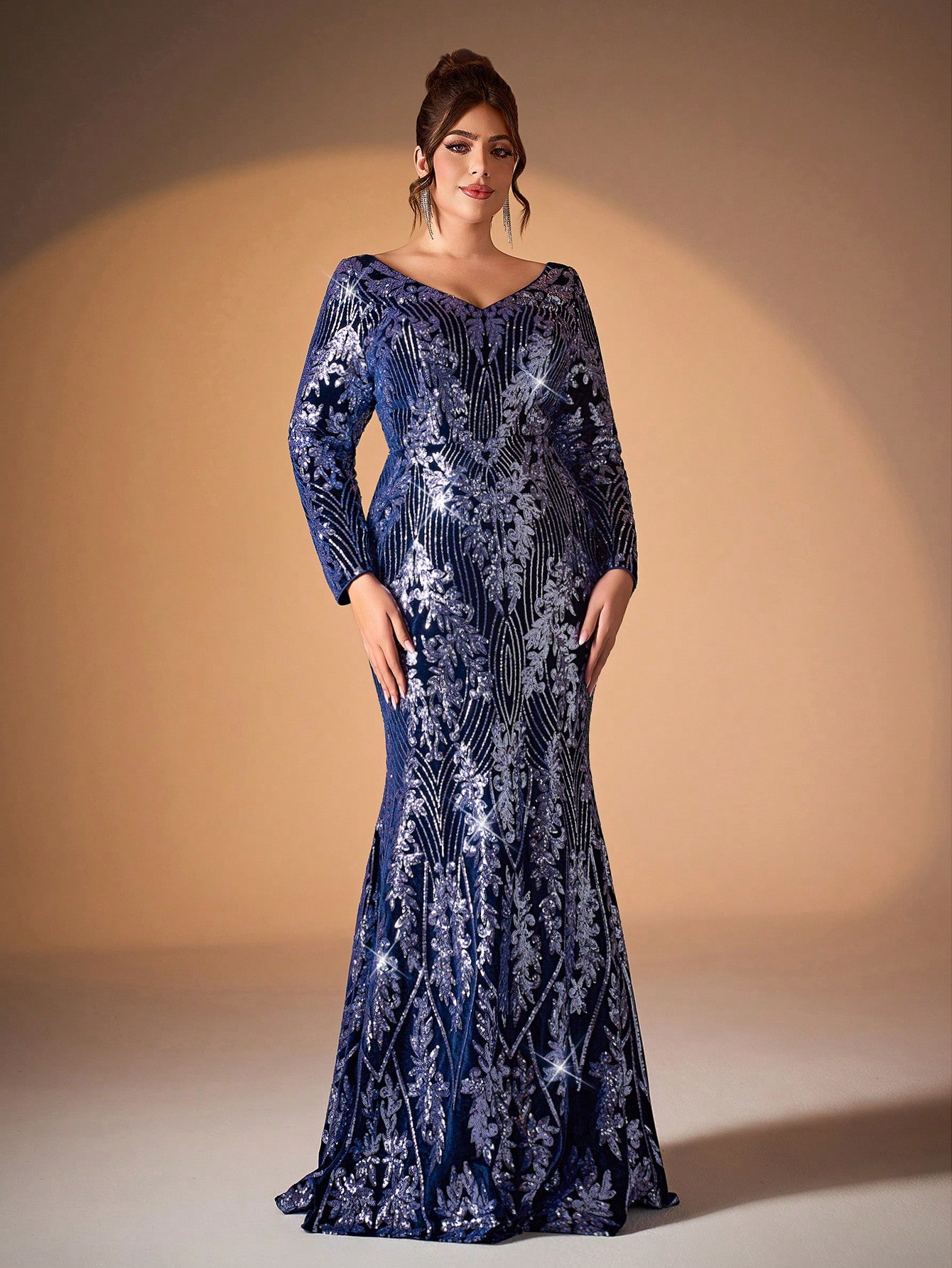 Leely Plus Women's Elegant V Neck Long Sleeve Mermaid Evening Gown