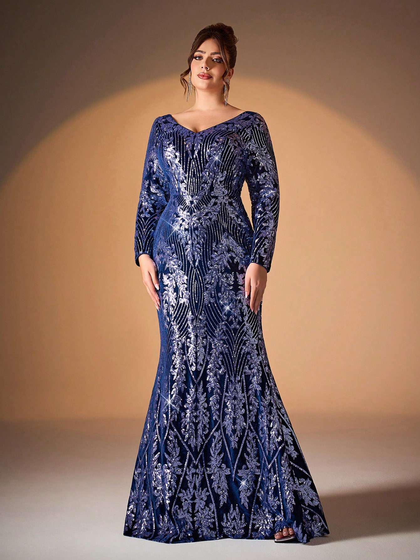 Leely Plus Women's Elegant V Neck Long Sleeve Mermaid Evening Gown