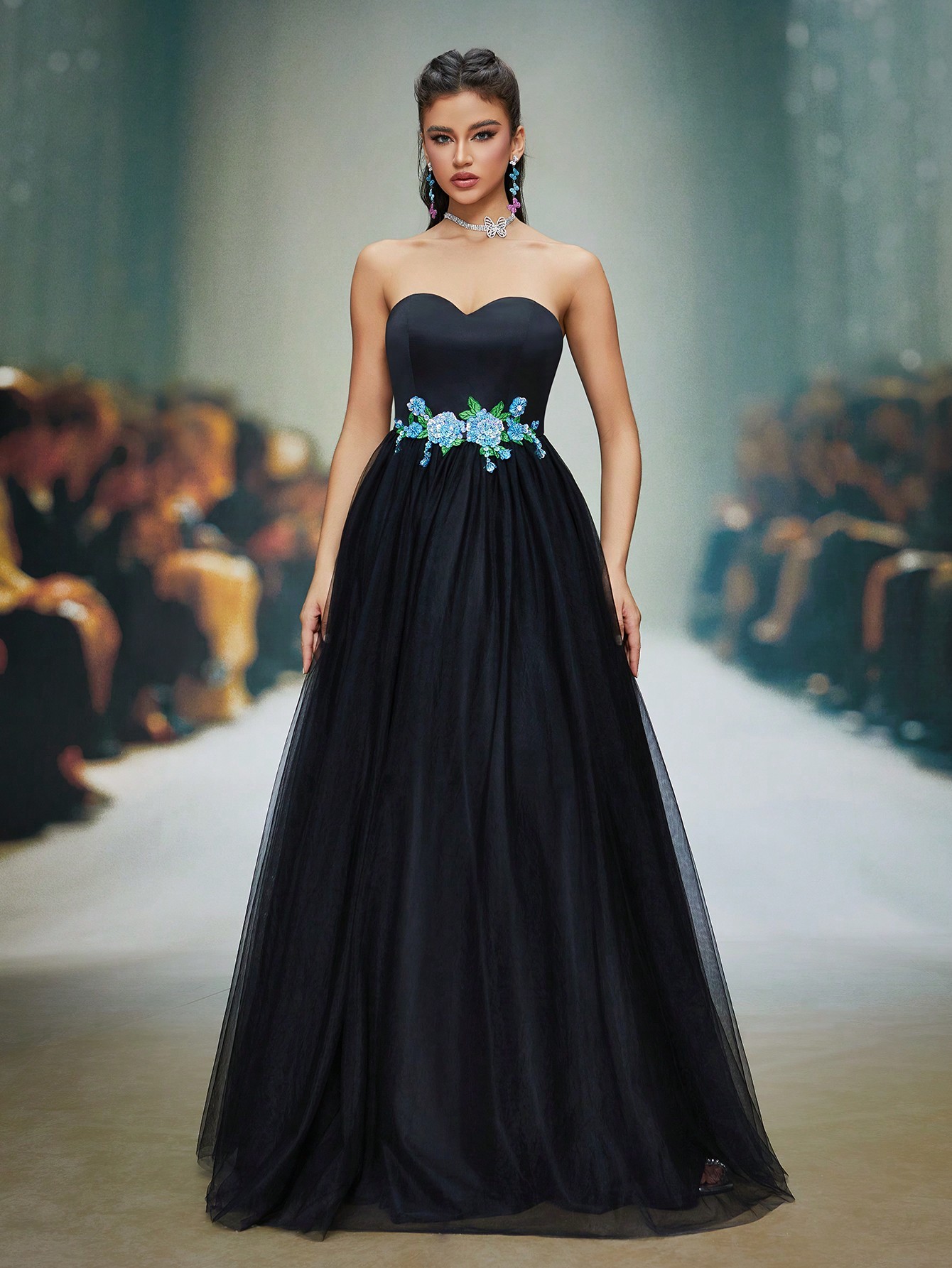 Leely Elegant Strapless Sleeveless Tulle Long Prom Dress