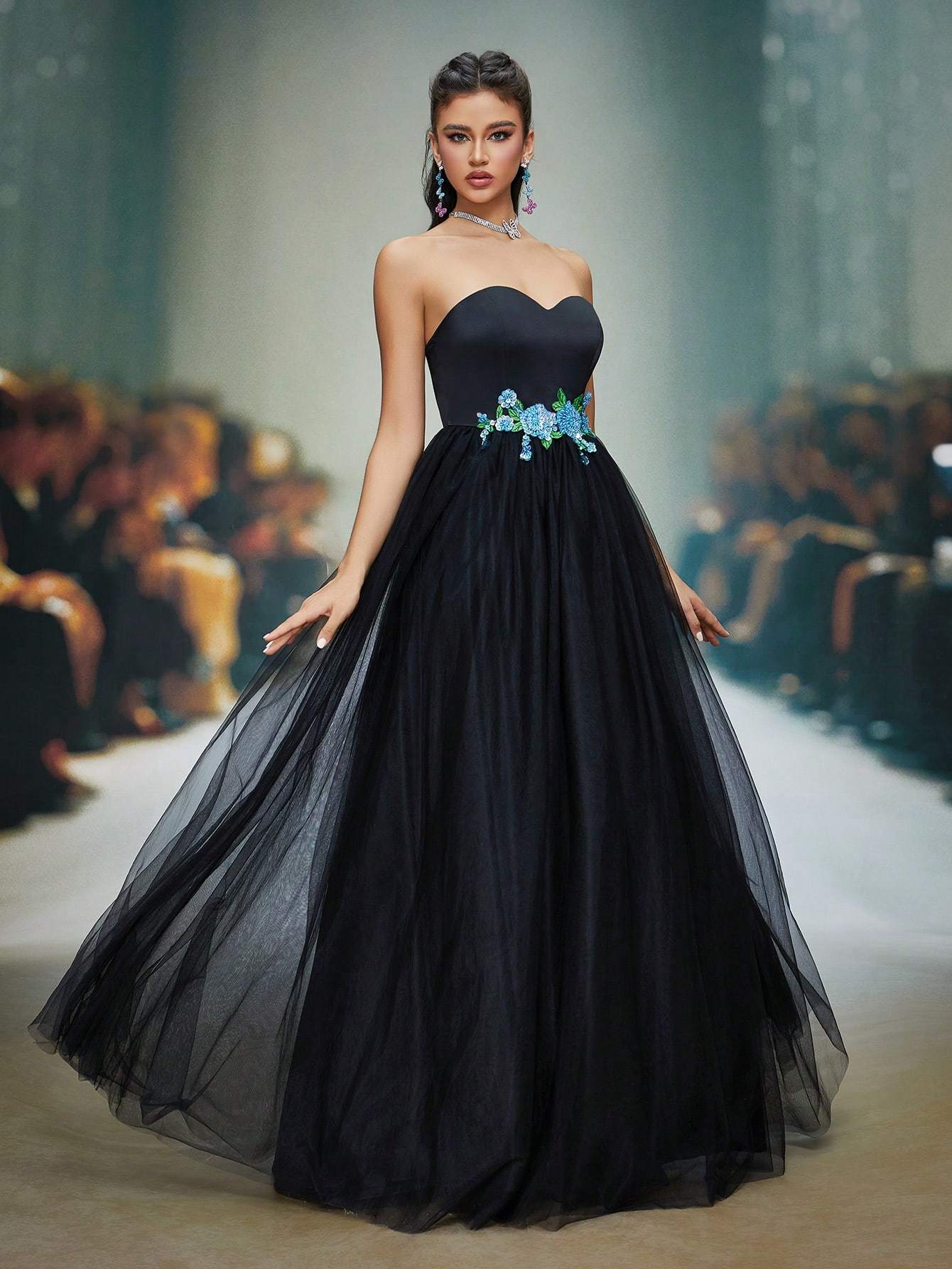 Leely Elegant Strapless Sleeveless Tulle Long Prom Dress