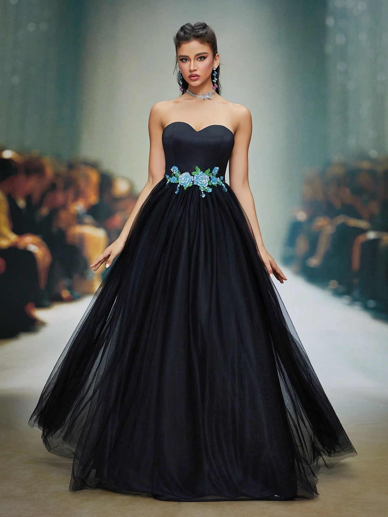 Leely Elegant Strapless Sleeveless Tulle Long Prom Dress