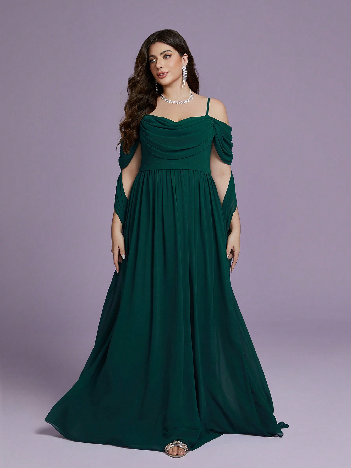 Leely Plus Women's Elegant Spaghetti Straps Cold Shoulder  Chiffon A-Line Dress