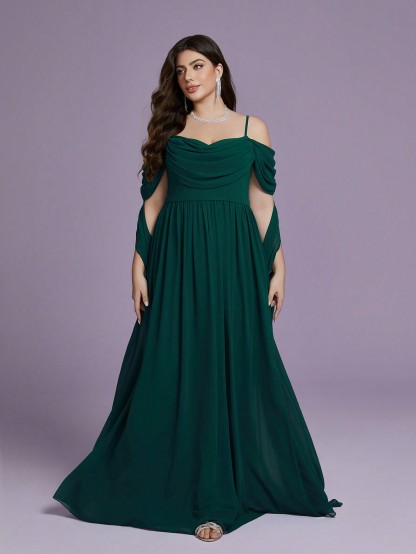 Leely Plus Women's Elegant Spaghetti Straps Cold Shoulder  Chiffon A-Line Dress