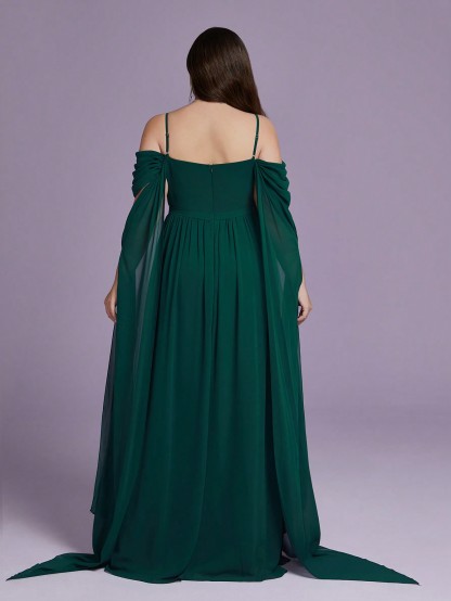 Leely Plus Women's Elegant Spaghetti Straps Cold Shoulder  Chiffon A-Line Dress