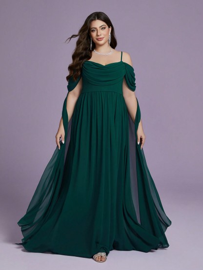 Leely Plus Women's Elegant Spaghetti Straps Cold Shoulder  Chiffon A-Line Dress