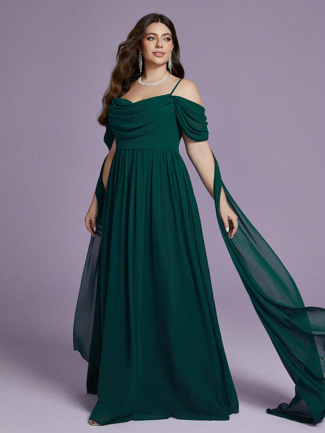 Leely Plus Women's Elegant Spaghetti Straps Cold Shoulder  Chiffon A-Line Dress