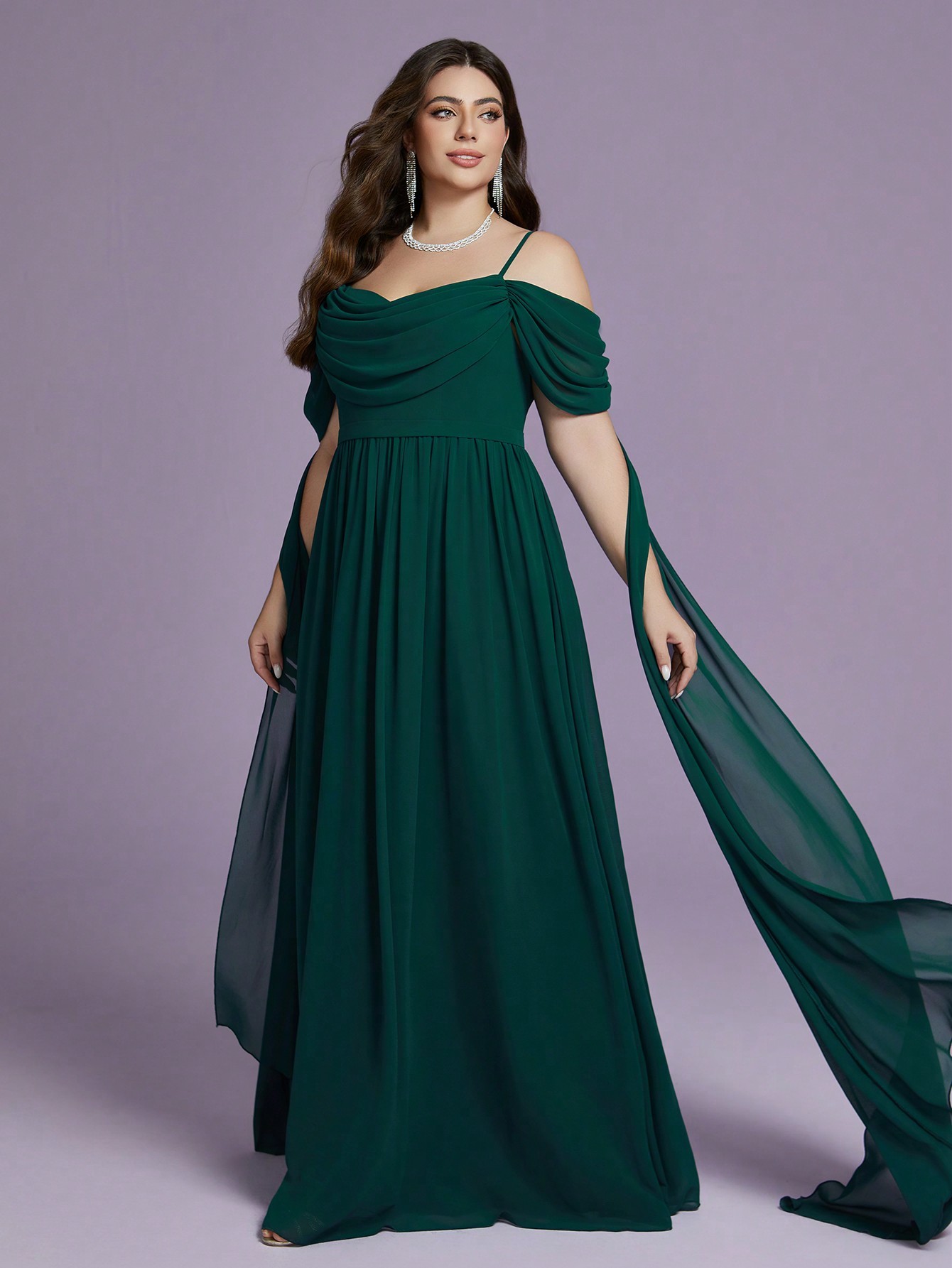 Leely Plus Women's Elegant Spaghetti Straps Cold Shoulder  Chiffon A-Line Dress