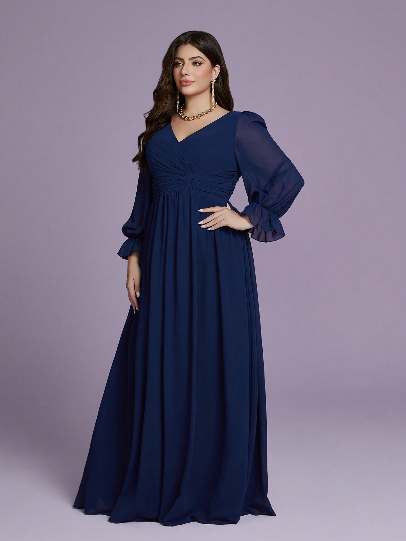 Leely Plus Women's Elegant V Neck Bishop Sleeve Chiffon A-Line Dress