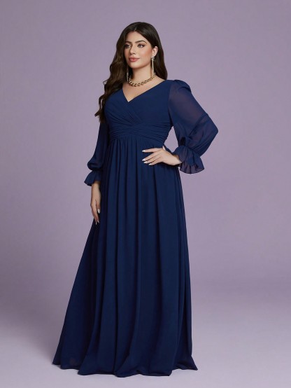 Leely Plus Women's Elegant V Neck Bishop Sleeve Chiffon A-Line Dress