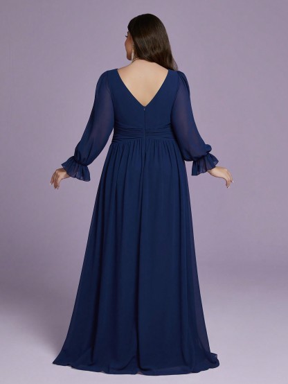 Leely Plus Women's Elegant V Neck Bishop Sleeve Chiffon A-Line Dress