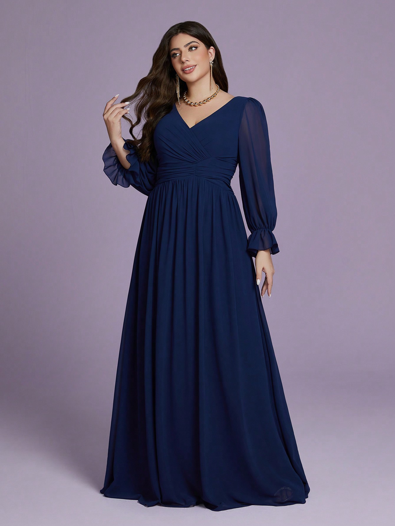 Leely Plus Women's Elegant V Neck Bishop Sleeve Chiffon A-Line Dress