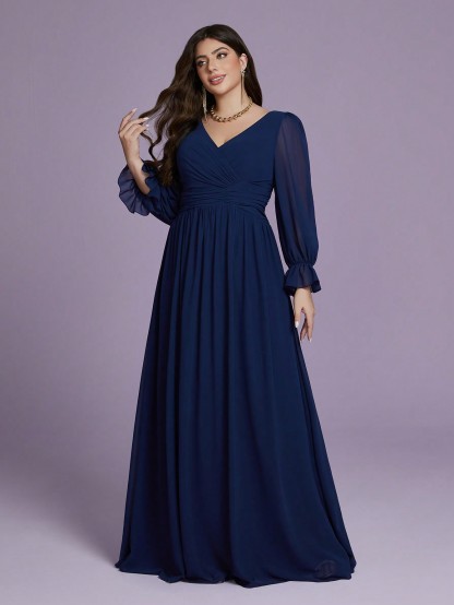Leely Plus Women's Elegant V Neck Bishop Sleeve Chiffon A-Line Dress