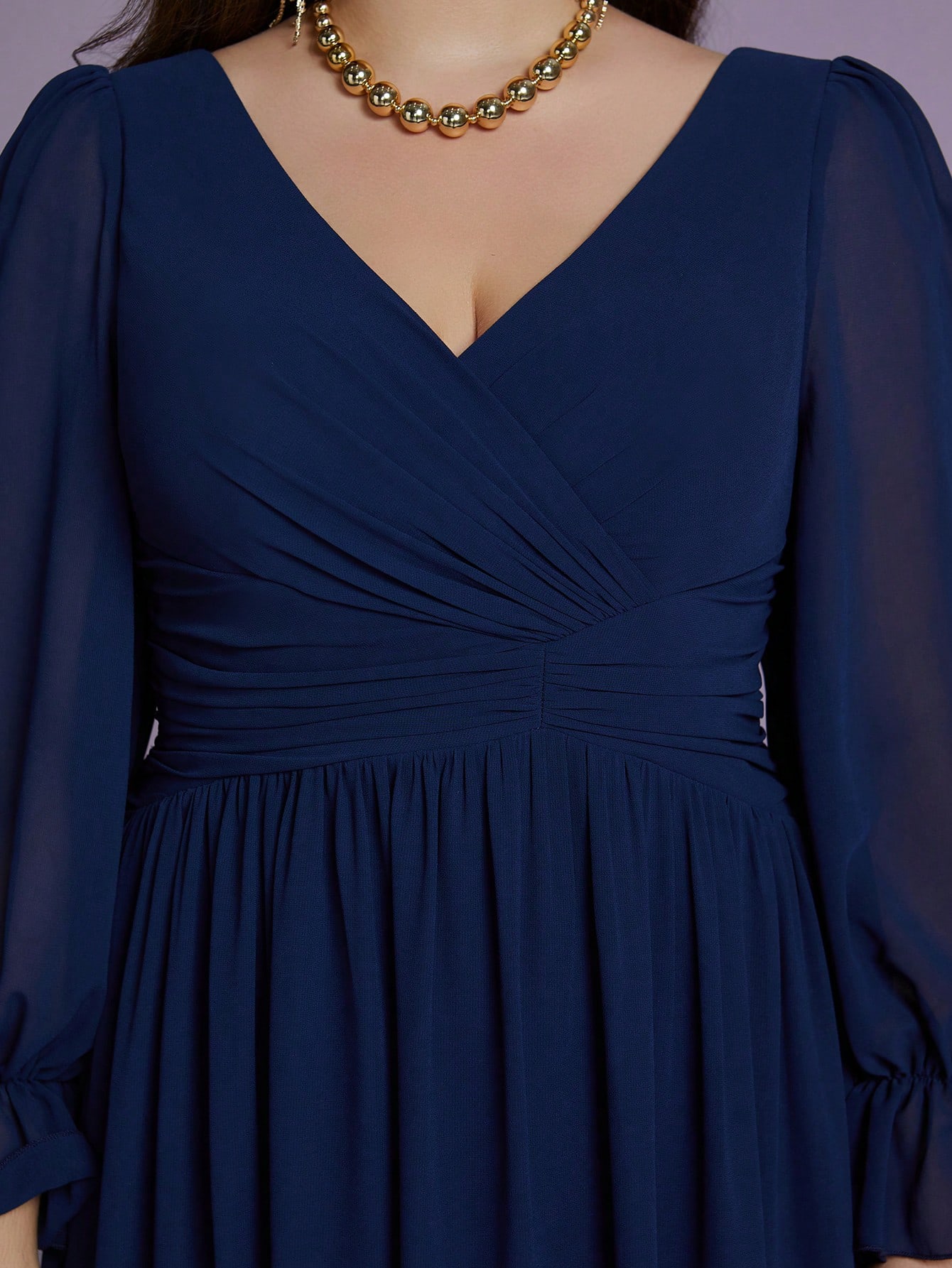 Leely Plus Women's Elegant V Neck Bishop Sleeve Chiffon A-Line Dress