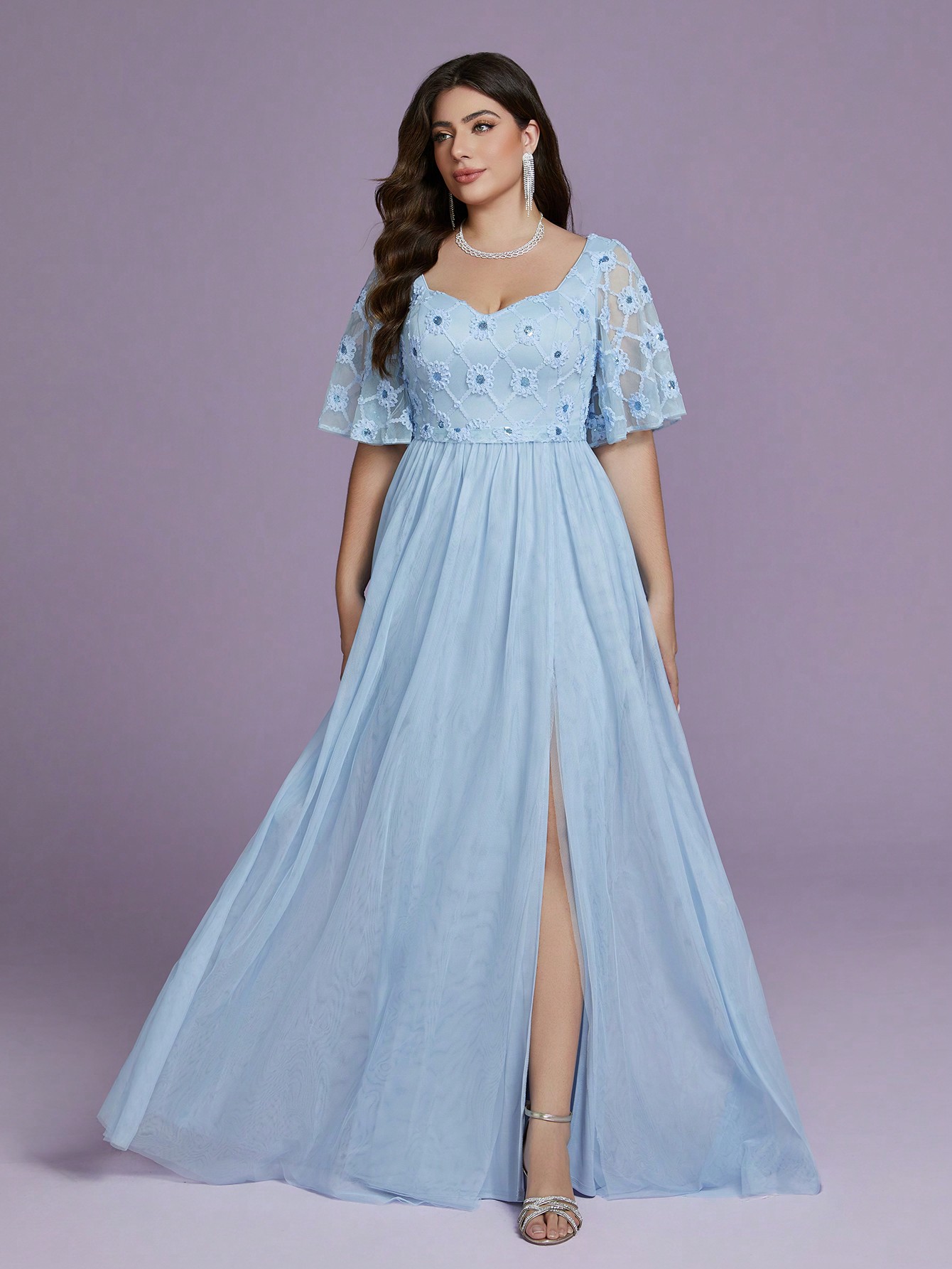 Leely Plus Women's Elegant Sweetheart Flounce Sleeve A-Line Party Dress