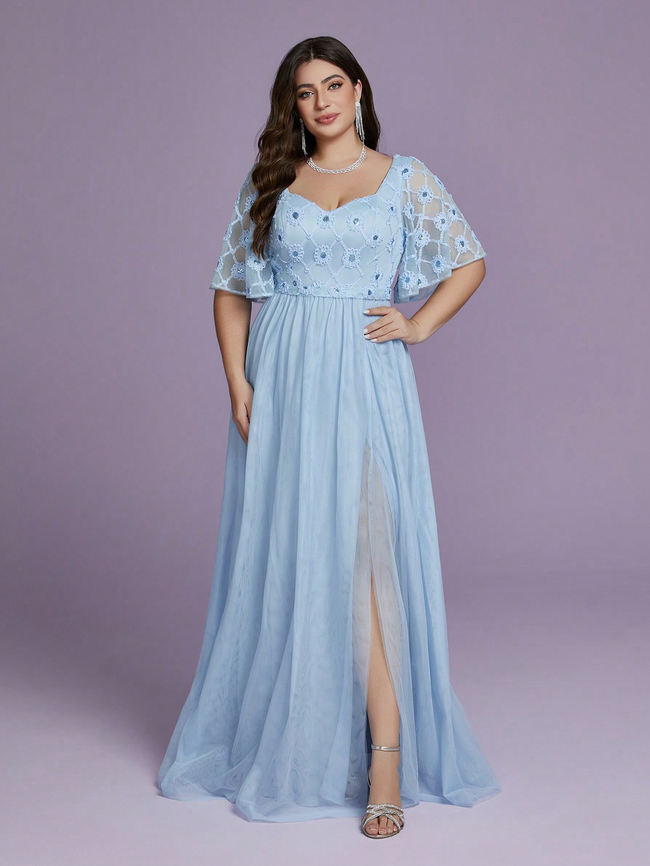 Leely Plus Women's Elegant Sweetheart Flounce Sleeve A-Line Party Dress