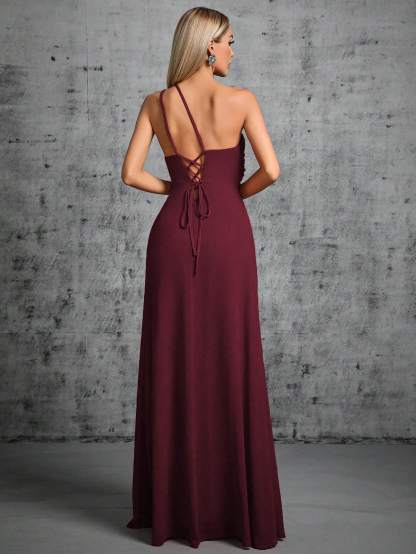 Leely Elegant One Shoulder Sleeveless Evening Gown
