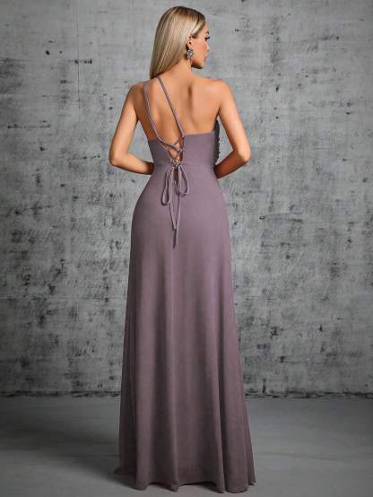 Leely Elegant One Shoulder Sleeveless Evening Gown