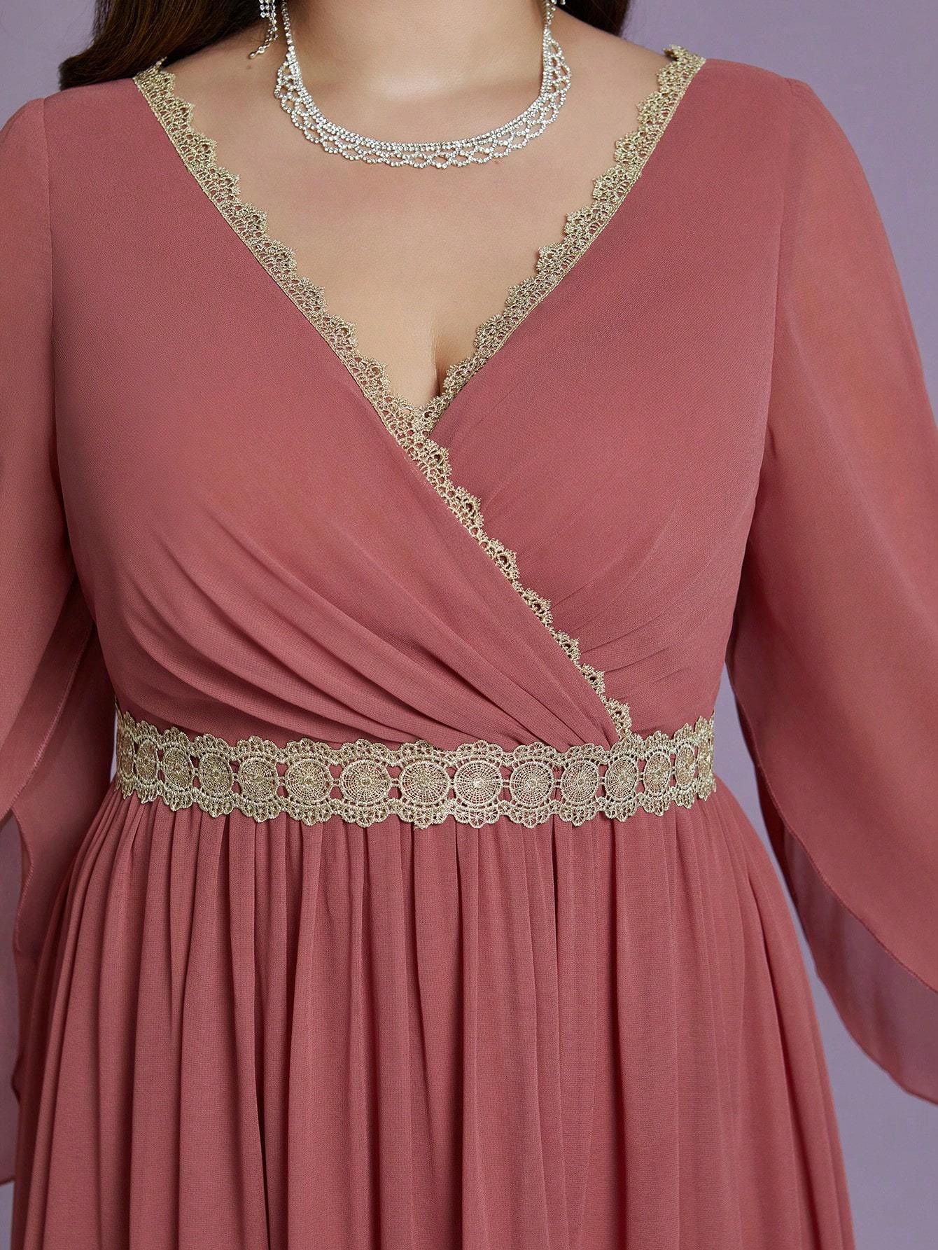 Leely Plus Women's Elegant V Neck Split Sleeve Chiffon A-Line Dress