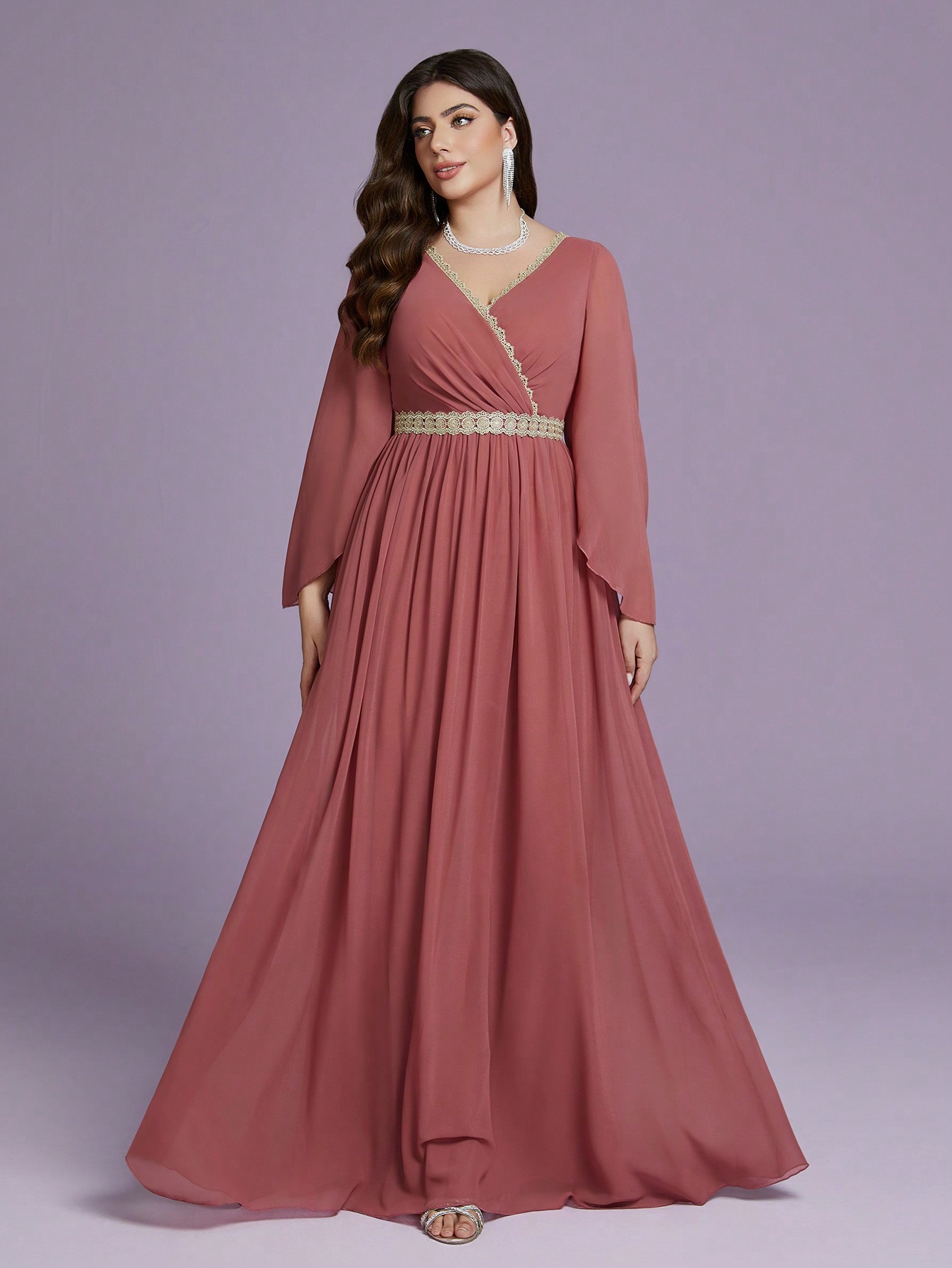 Leely Plus Women's Elegant V Neck Split Sleeve Chiffon A-Line Dress