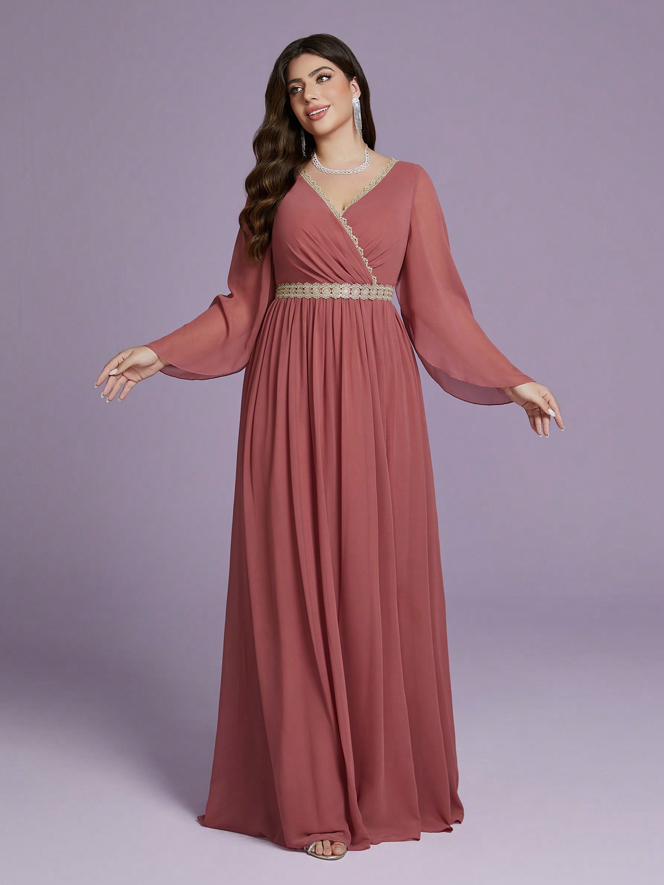 Leely Plus Women's Elegant V Neck Split Sleeve Chiffon A-Line Dress