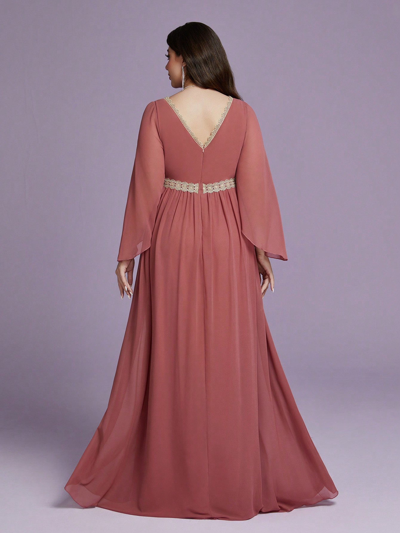 Leely Plus Women's Elegant V Neck Split Sleeve Chiffon A-Line Dress