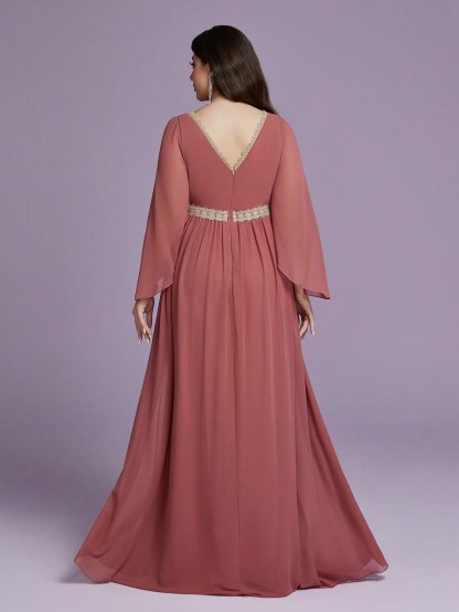 Leely Plus Women's Elegant V Neck Split Sleeve Chiffon A-Line Dress