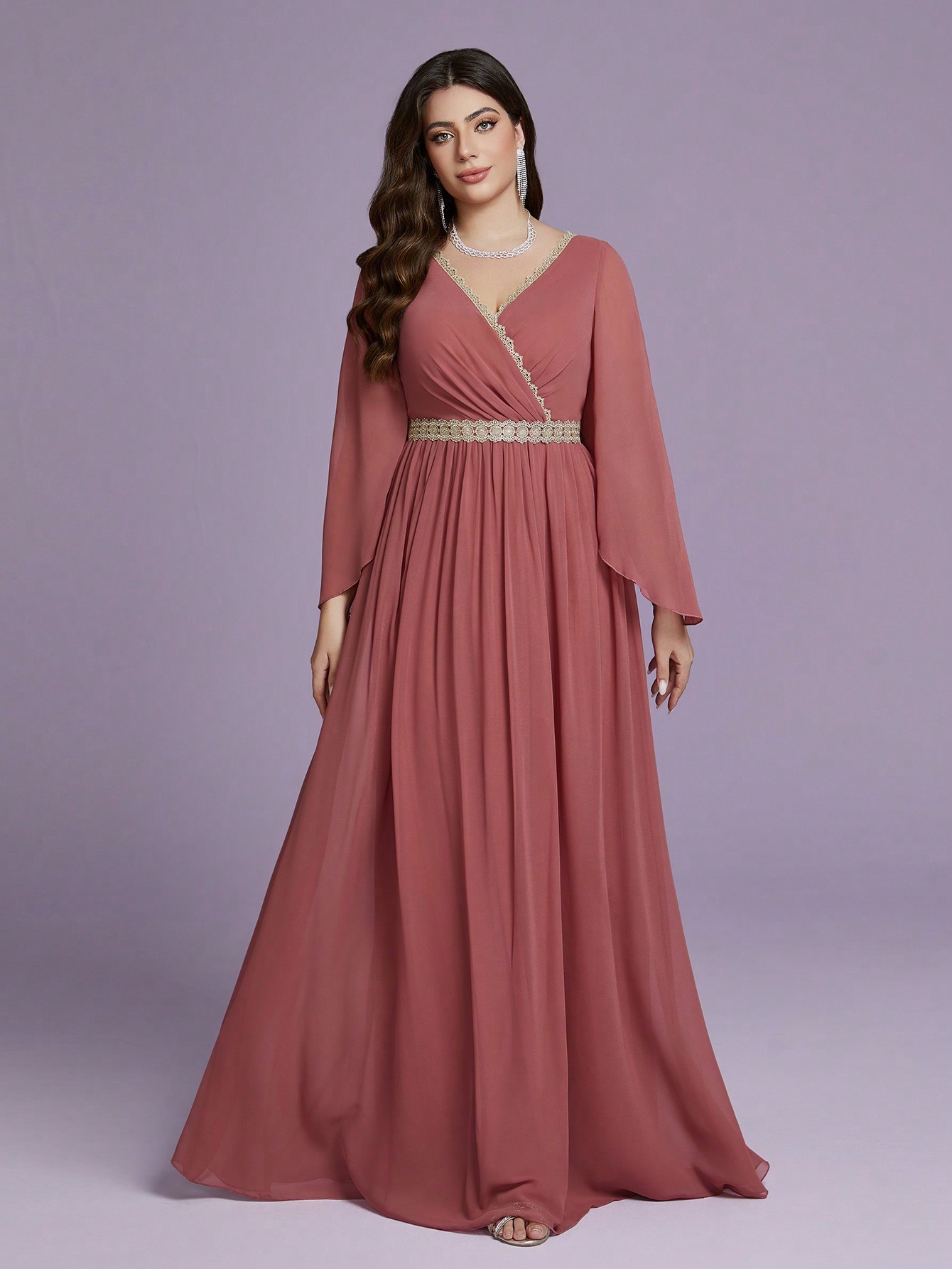 Leely Plus Women's Elegant V Neck Split Sleeve Chiffon A-Line Dress