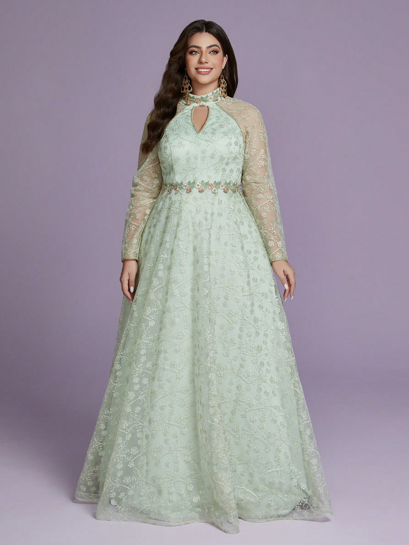 Leely Plus Women's Elegant Stand Collar Long Sleeve A-line Party Dress