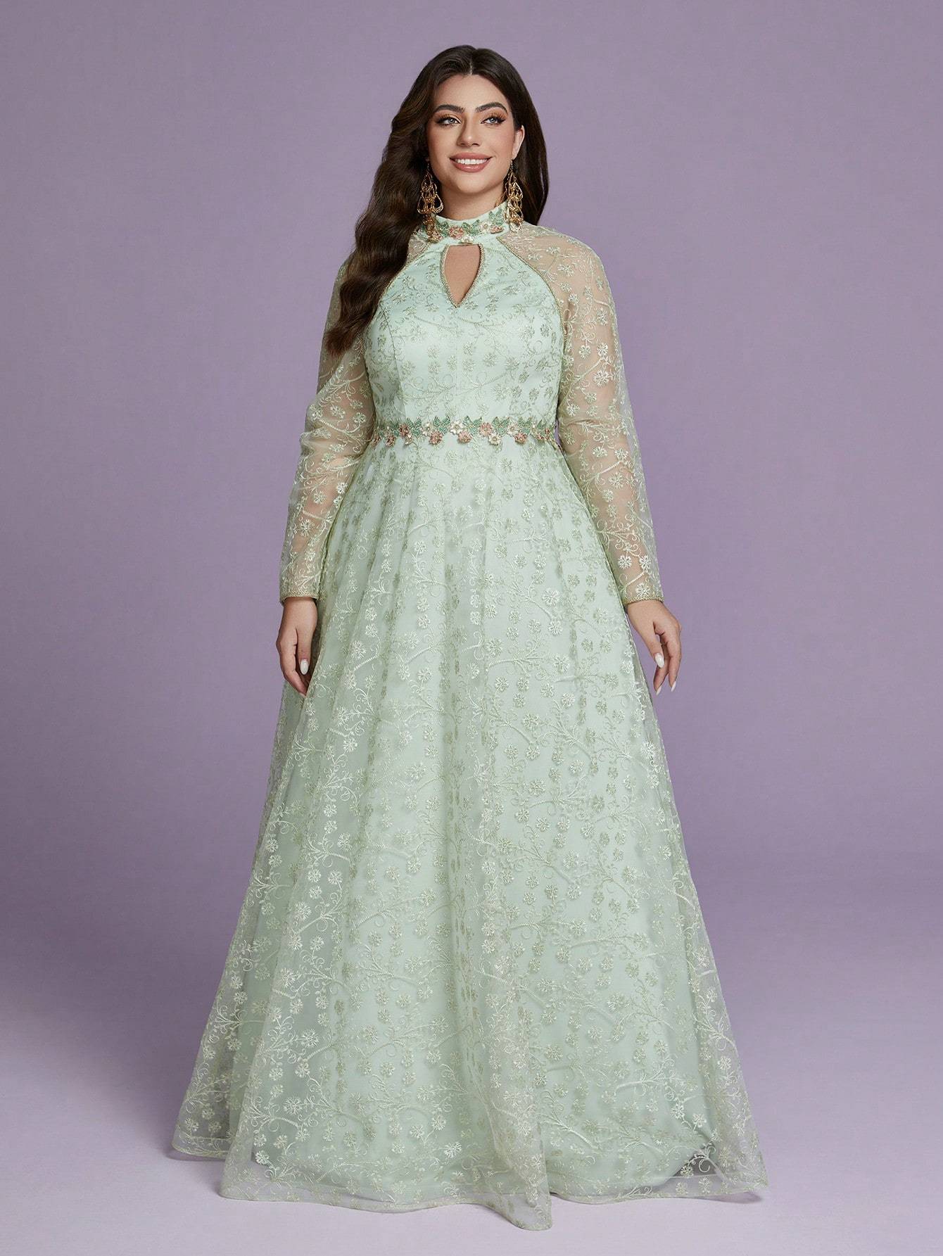 Leely Plus Women's Elegant Stand Collar Long Sleeve A-line Party Dress
