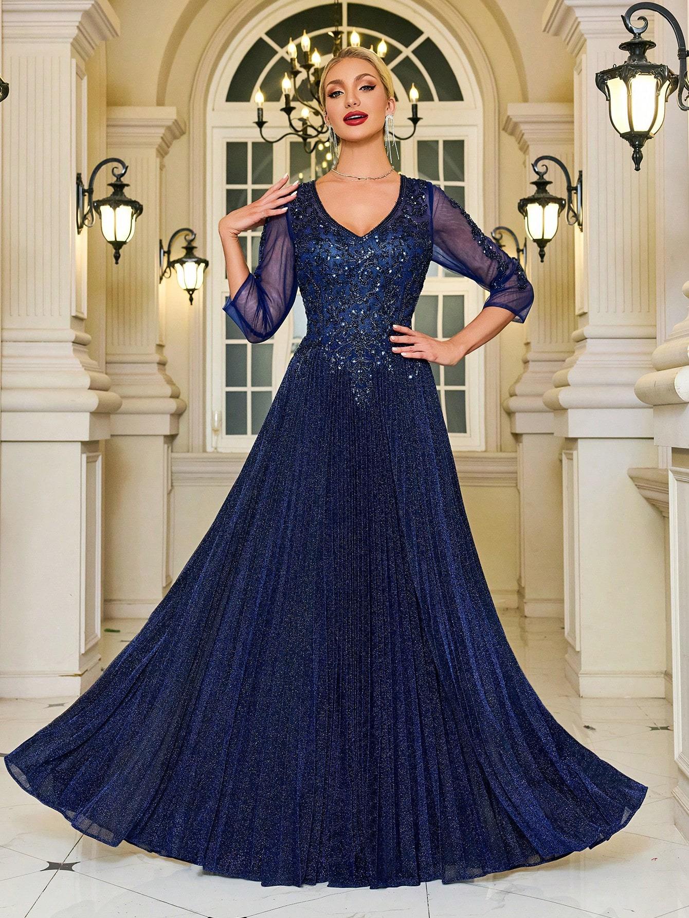 Modecrush V-Neck Navy Glittery Formal Evening Gown, 3/4 Sleeve Mother of the Bride Dress, For Wedding, Dinner, Mothers Day Outfit