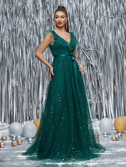 Leely Elegant V Neck Sleeveless Evening Gown