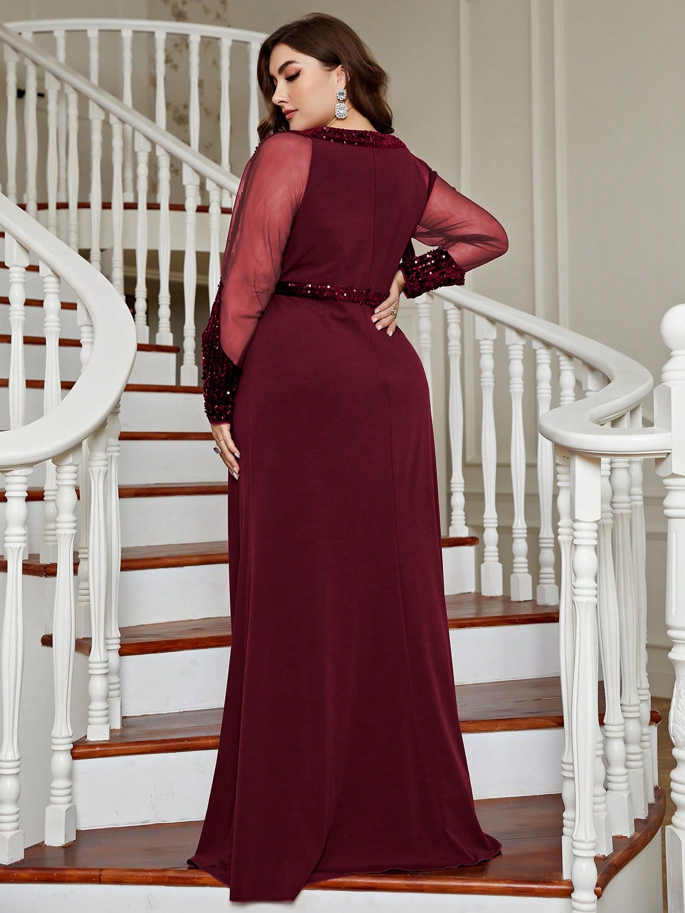 Leely Plus Women's Elegant Round Neck Long Sleeve Party Dresses