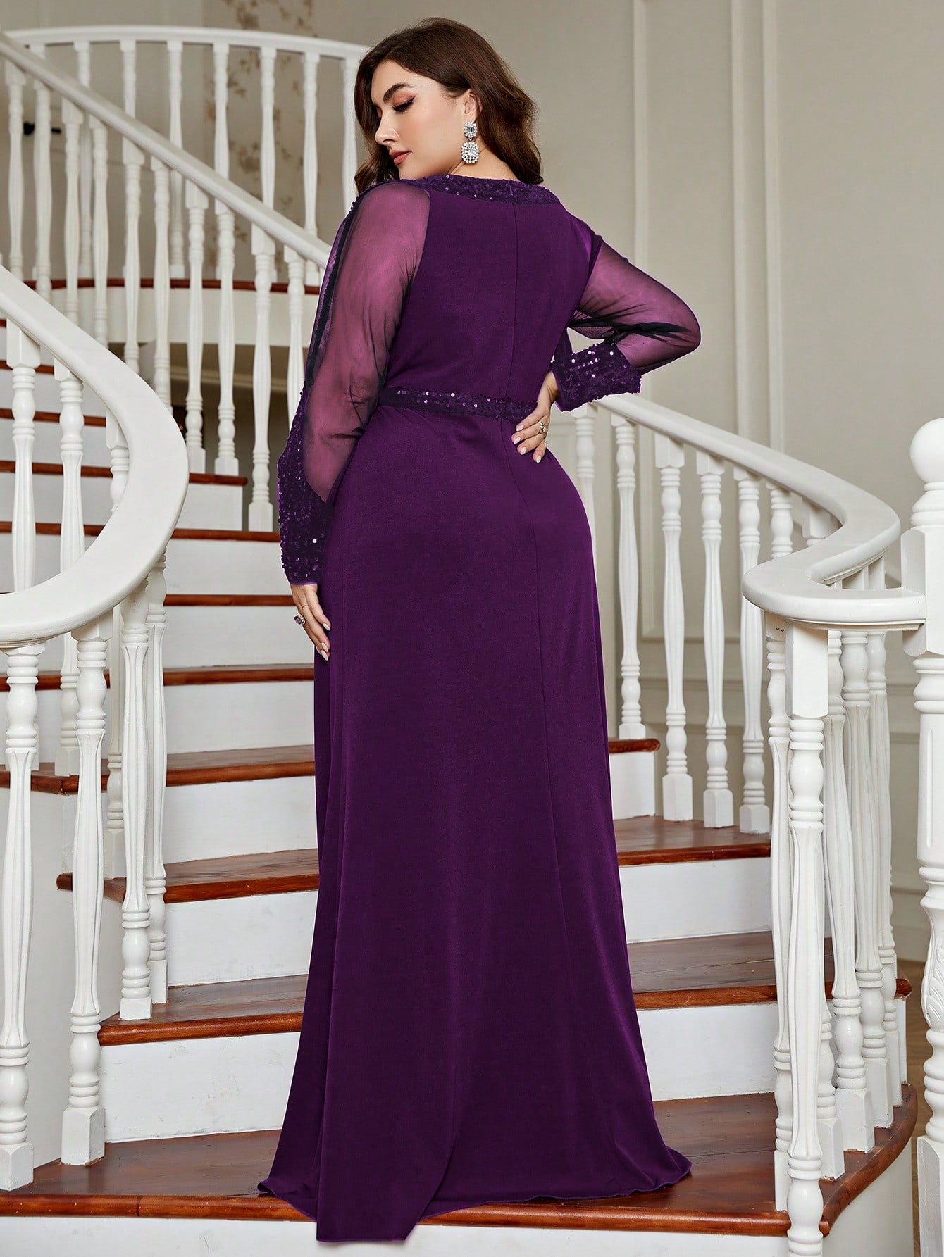 Leely Plus Women's Elegant Round Neck Long Sleeve Party Dresses