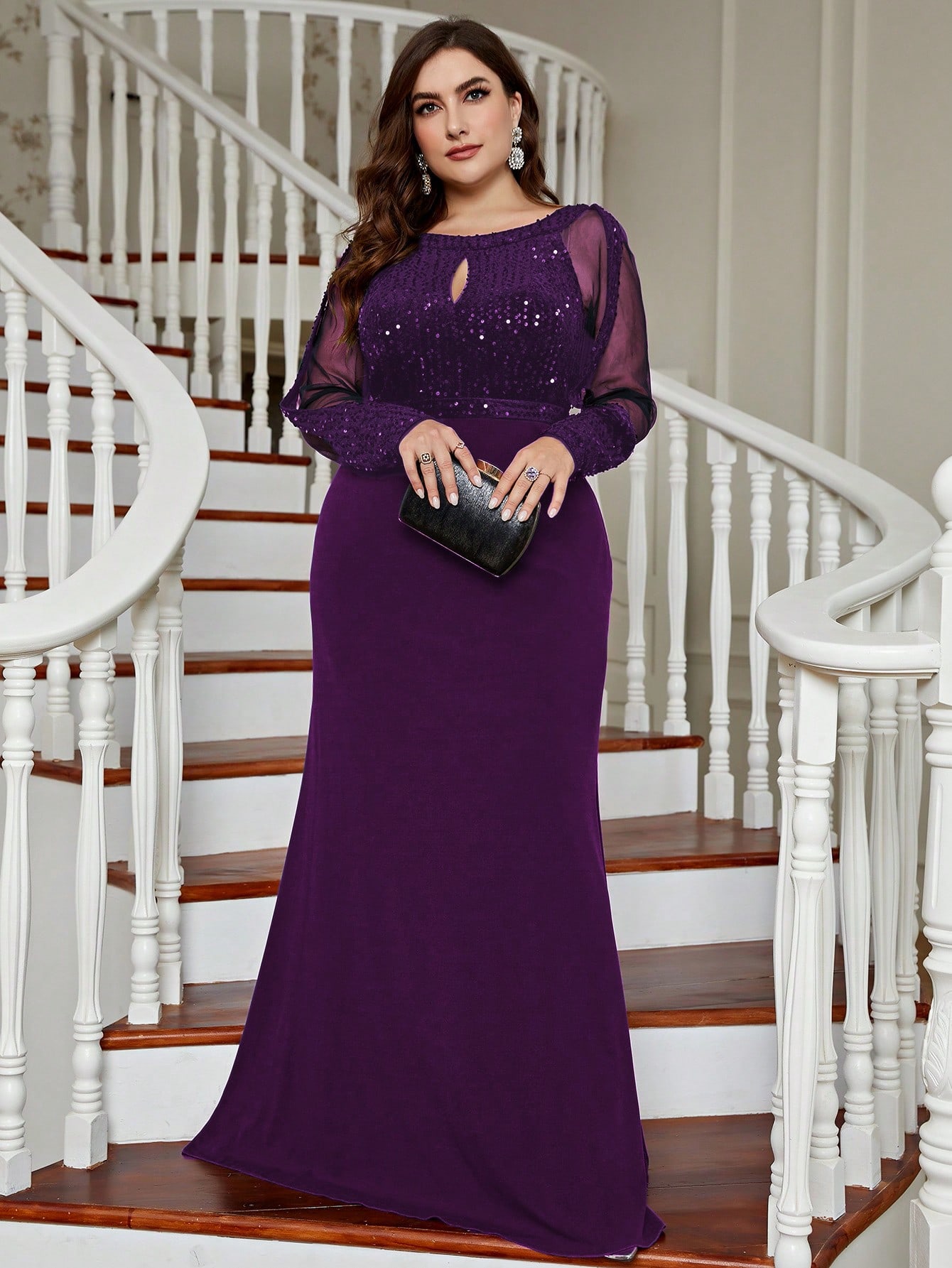 Leely Plus Women's Elegant Round Neck Long Sleeve Party Dresses