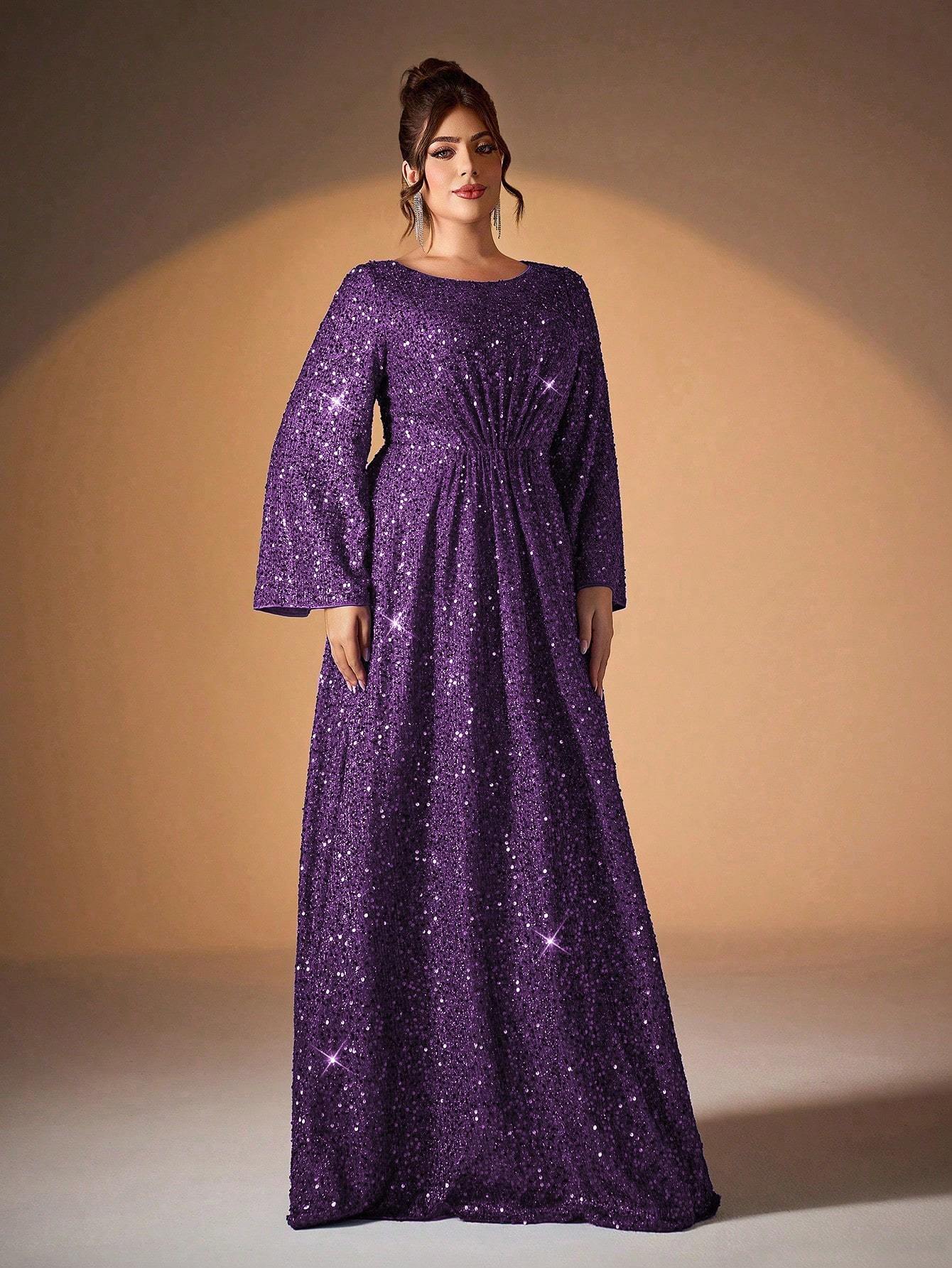 Leely Plus Women's Elegant Scoop Neck Flare Sleeve Sequins A-Line Dress