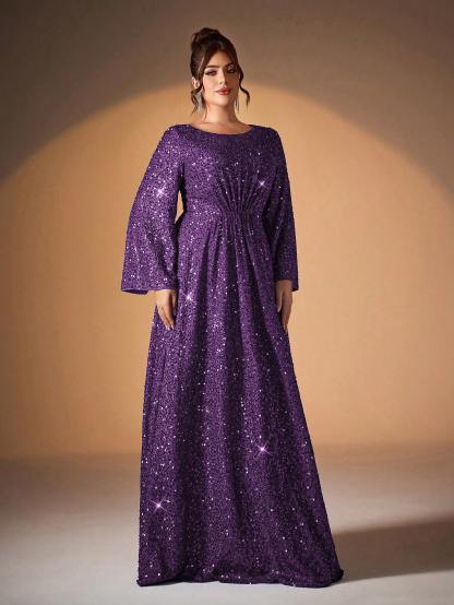 Leely Plus Women's Elegant Scoop Neck Flare Sleeve Sequins A-Line Dress