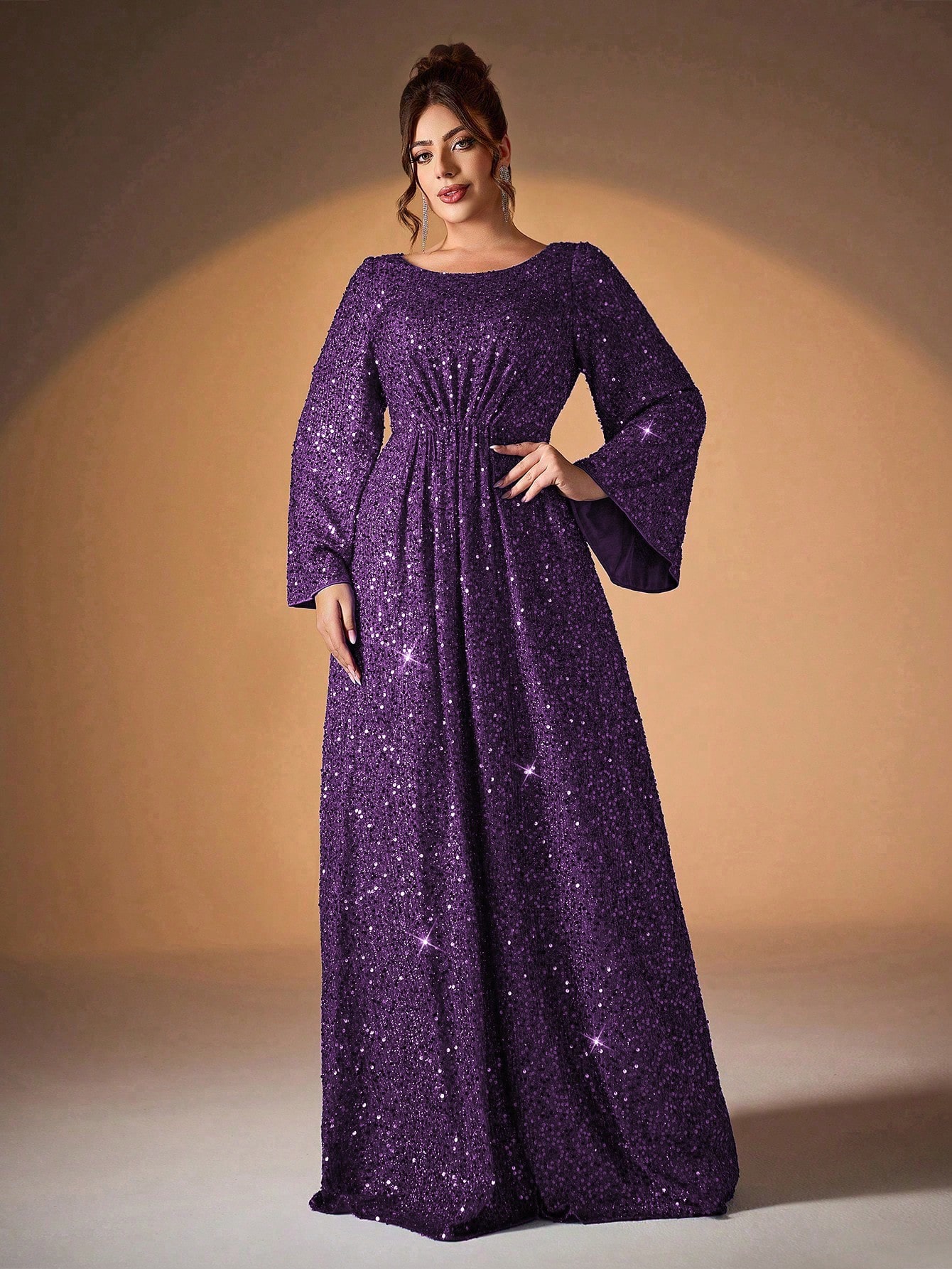 Leely Plus Women's Elegant Scoop Neck Flare Sleeve Sequins A-Line Dress