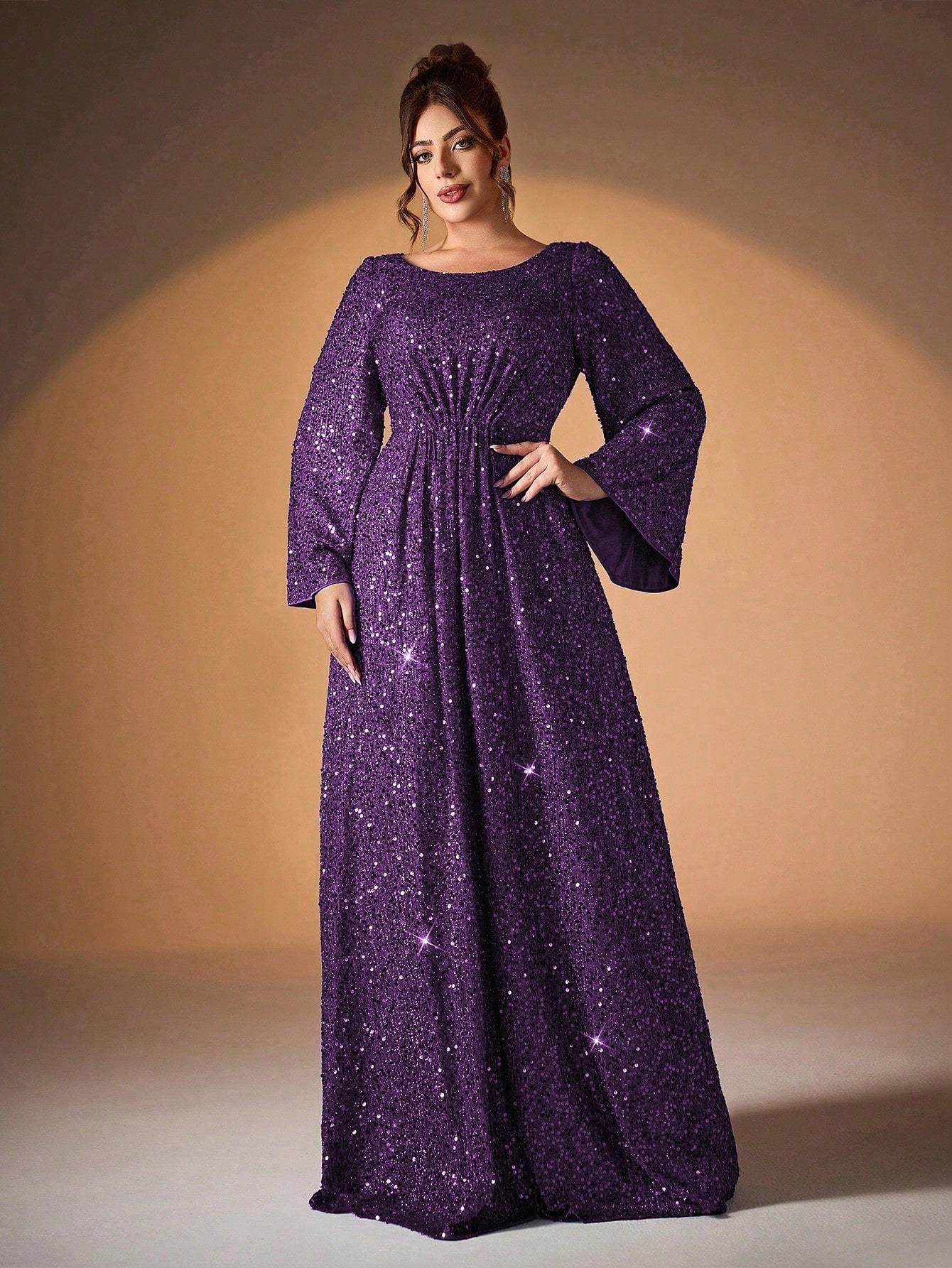 Leely Plus Women's Elegant Scoop Neck Flare Sleeve Sequins A-Line Dress