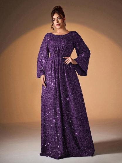 Leely Plus Women's Elegant Scoop Neck Flare Sleeve Sequins A-Line Dress