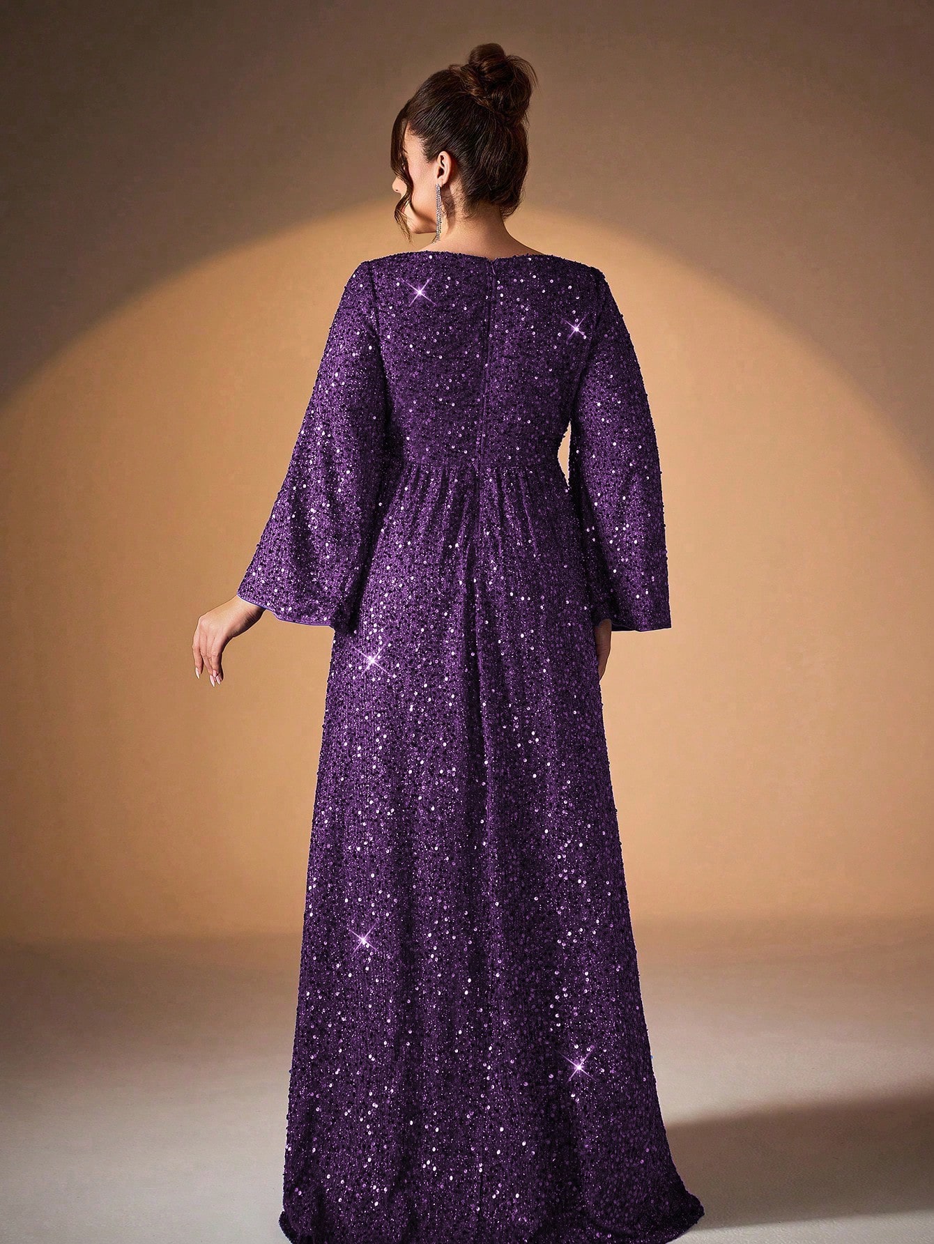 Leely Plus Women's Elegant Scoop Neck Flare Sleeve Sequins A-Line Dress