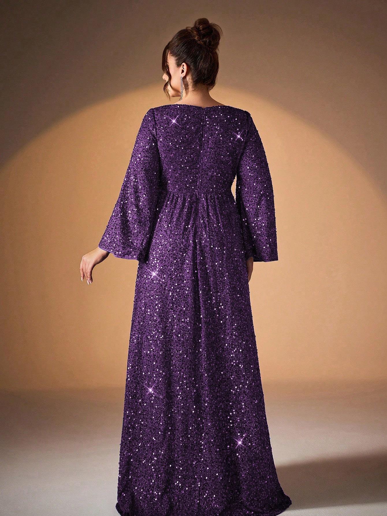 Leely Plus Women's Elegant Scoop Neck Flare Sleeve Sequins A-Line Dress