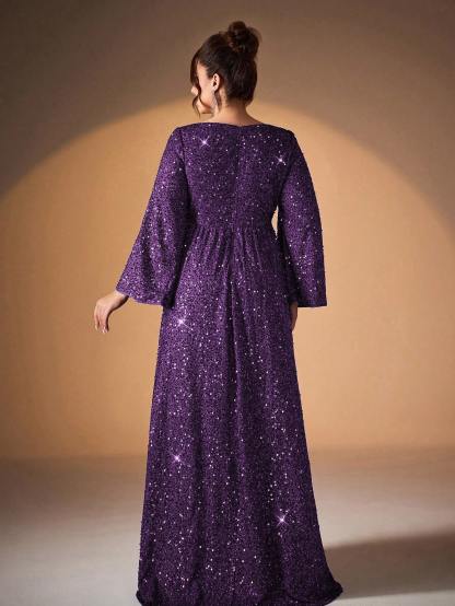 Leely Plus Women's Elegant Scoop Neck Flare Sleeve Sequins A-Line Dress