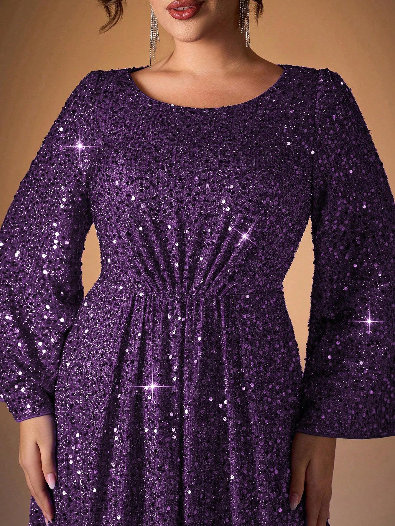 Leely Plus Women's Elegant Scoop Neck Flare Sleeve Sequins A-Line Dress